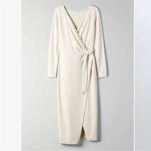 Aritzia Babaton Gaudi Faux Wrap Midi Dress Long Sleeve Silver Birch XXS NWT